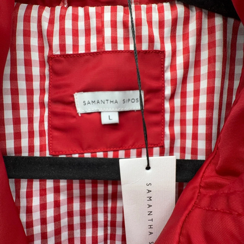 Samantha Sipos Red Nylon Jacket Leather Trim Moto Long Coat Large NEW - Image 3 of 4