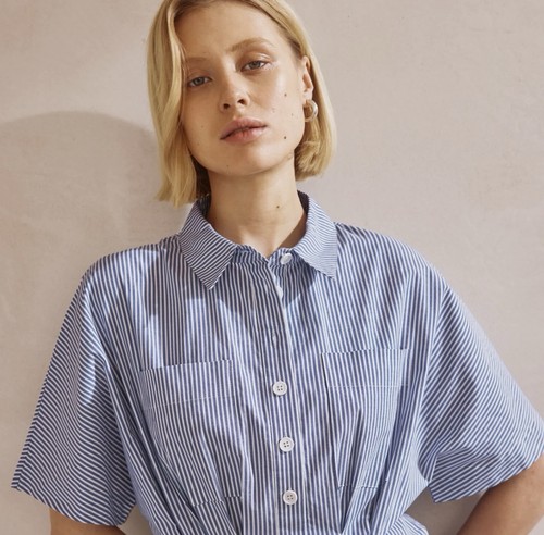 BNWT Albaray Blue Ticking Striped Pleat Dress Size 12 Organic Cotton Rep £99 - Picture 3 of 6