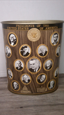 vintage trash can with pictures and terms of Presidents U.S.A. 1789-1963      TS