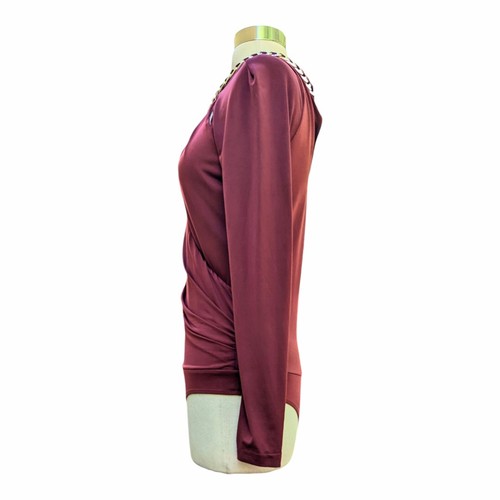 BEBE Bodysuit Burgundy Gold Chain Cutout Embellished Jersey Stretch Petites S/P - Picture 3 of 9