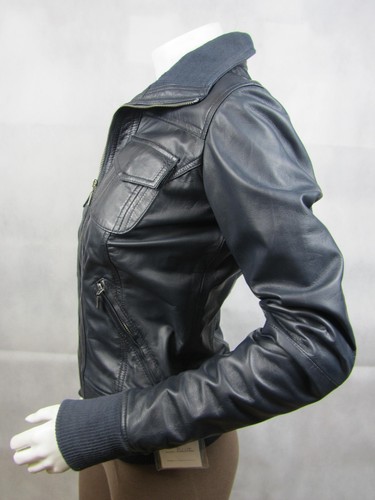 Damen blau Napa Leder Reißverschluss schmal eng anliegend kurz Biker Mode Jacke Fahrrad - Bild 8 von 12