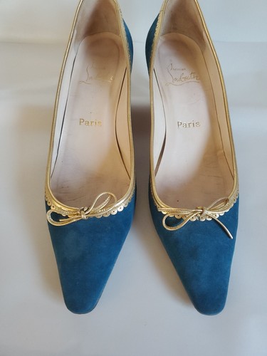 Christian Louboutin Teal Suede Gold Trim Mid High Heel Pumps W Bag 39.5 US 8.5 - Picture 3 of 23