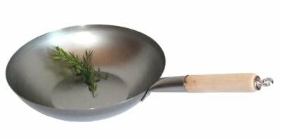 Wok Pfanne 34 cm China Gastronomie flach Boden Carbon Stahl Gas Holzgriff zum Au - Bild 1 von 4