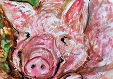ORIGINAL ACEO Painting PIG Hog Spring Mud Farm Pink Swine Animal Nature ATC ART