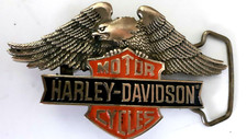 Vtg Harley Davidson Baron Brass Belt Buckle 1990 H-517 Eagle Bar Shield Org/Blk