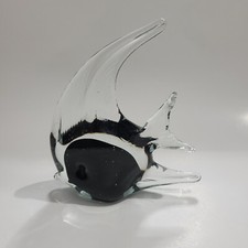 Murano Style Art Glass Hand Blown Angelfish Clear Black Tropical Figurine 7.5"