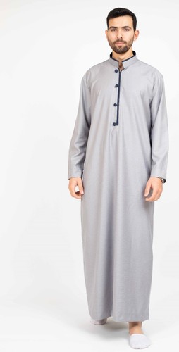 Hombre Gris Thobe Islámico Jubba Bata Musulmán Eid Cuello Alto - Picture 2 of 6
