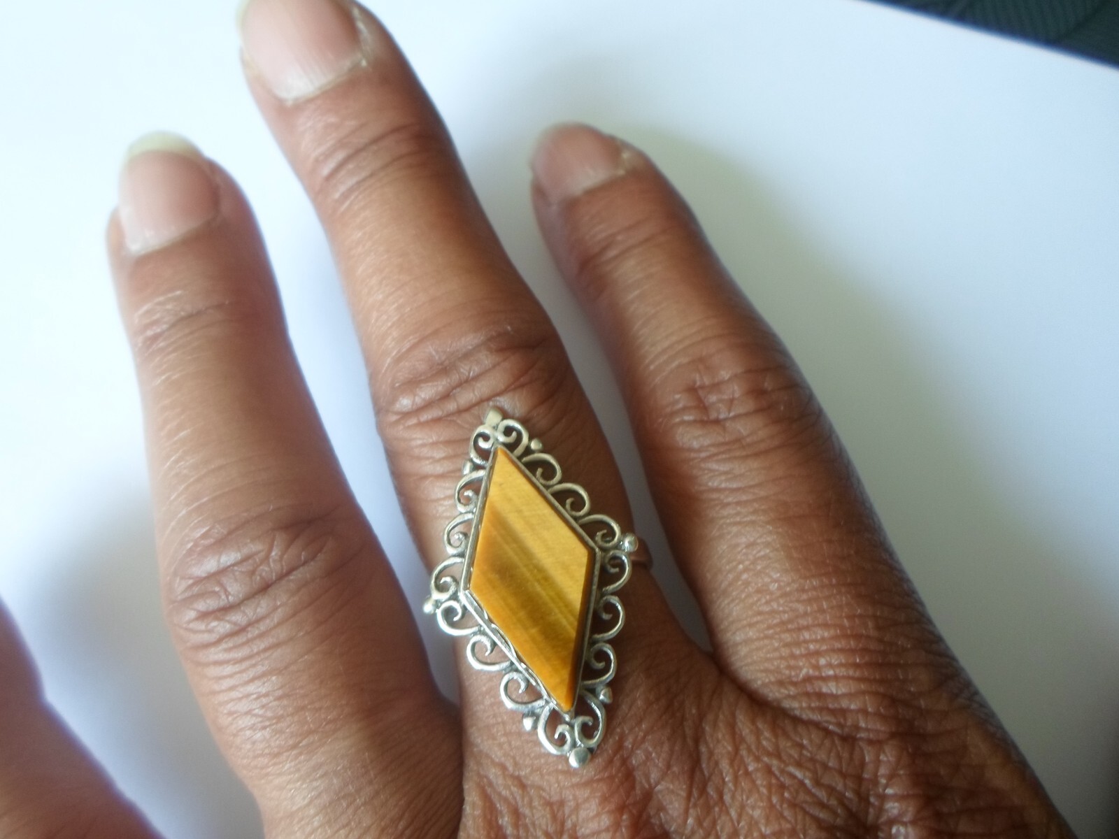 solid silver ring, tiger eye triangle, openwork o… - image 1