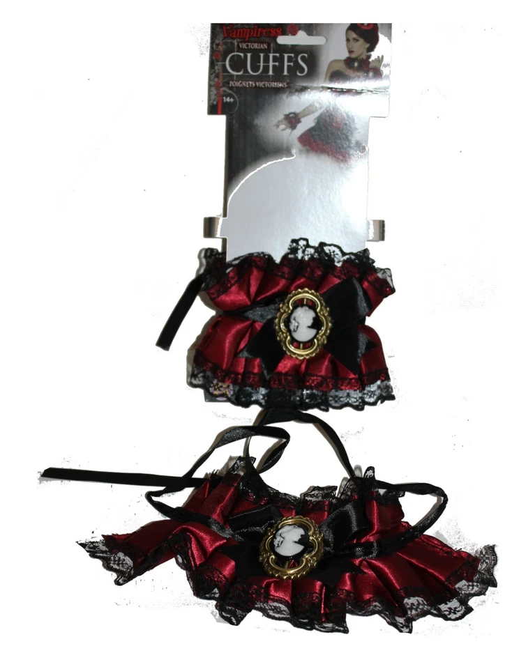 2 x Puños de muñeca de encaje Steampunk victoriano rojo con satén, accesorio de disfraz de vampiro Foto 2 de 4