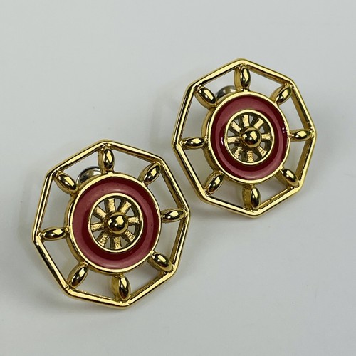 Vintage Earrings Gold Toned Red Nautical Pierced Signed  - Picture 1 of 6