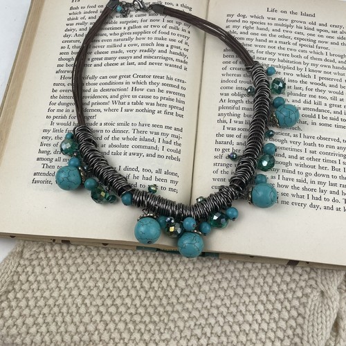 Gunmetal Statement Necklace Faux Turquoise Blue Beads Iridescent Spacers Black - Picture 2 of 6
