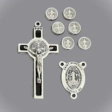 Rosary CENTER CRUCIFIX & PATERS Set ~ Saint BENEDICT Centerpiece Beads ITALY 8pc