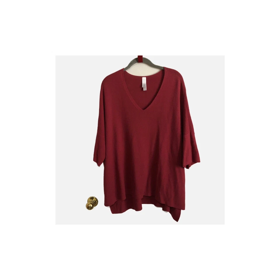 Marla Wynne 女式拉过 V 领 Russet 高低披肩针织上衣,尺寸 1X。 — 第 3/4 张图片