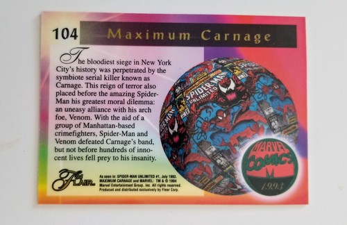 M NM #104 VENOM CARNAGE SPIDER-MAN 1994 Flair Marvel Annual MAXIMUM CARNAGE 49 - Picture 2 of 2