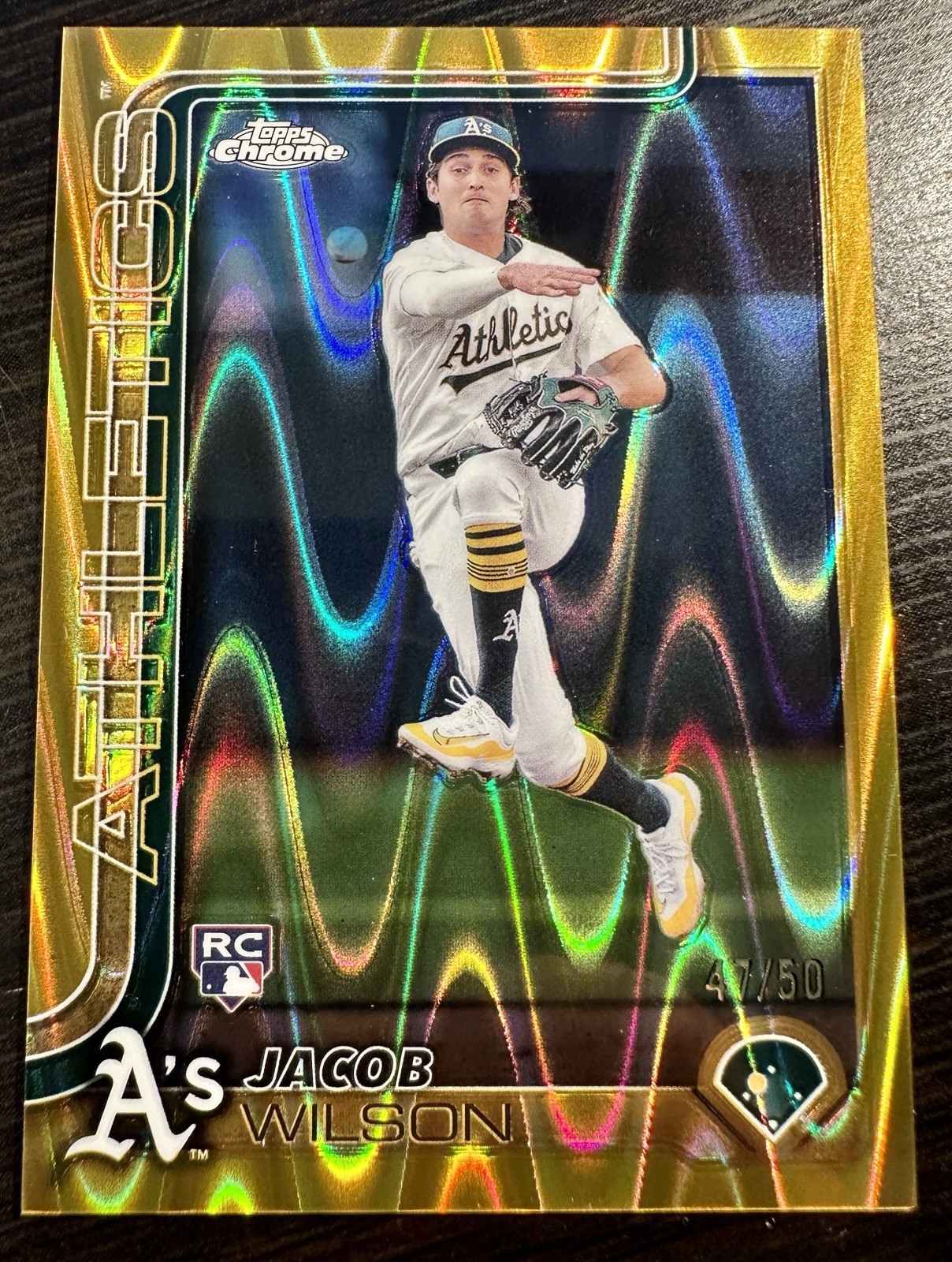 JACOB WILSON 2025 TOPPS CHROME #96 GOLD RAYWAVE REFRACTOR RC #'D 47/50 (A'S)