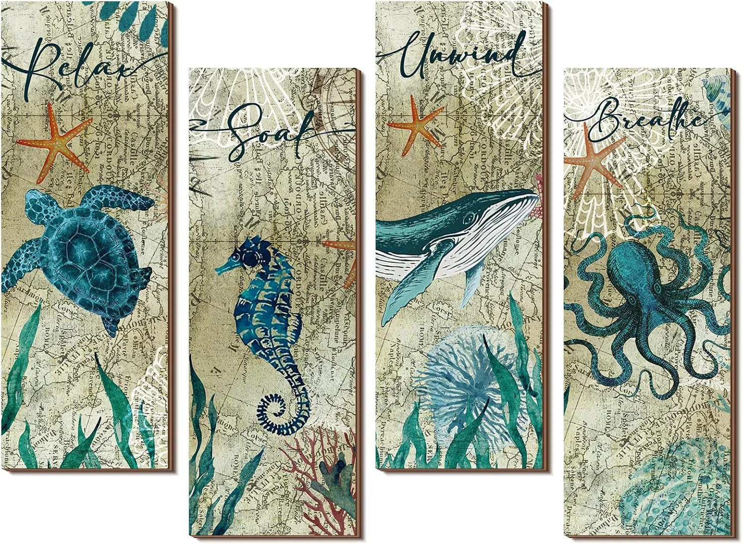 Qunclay 4 Pieces Beach Bathroom Decor Wall Sign Ocean Decor Sea Turtle Wall Art