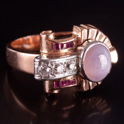 1940's 13k Rose White Gold Star Sapphire Diamond Lab-Created Ruby Ring 1.83ctw