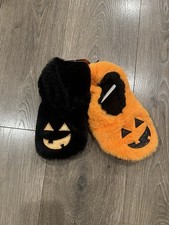 Women  s Jack-O-Lantern Faux Fur Slip-On Slippers Black Orange Halloween