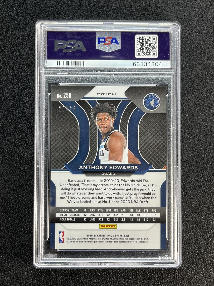 2020-21 Panini Prizm Anthony Edwards #258 Mojo Prizm Rookie RC /25 PSA 10 GEM MT view 2