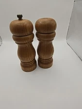 Vtg Natural Light Wood Heavy Grain Salt Shaker and Pepper Mill Grinder Set 6"