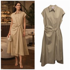 CAROLINA HERRERA Sand Cotton Cap Sleeve Side Knot Shirt Dress NWT Sz 20 Italy