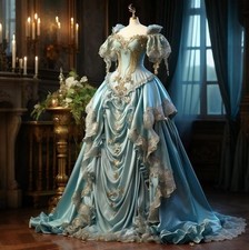 Victorian Style Ball Gown Sky Blue Corset Lace Appliques Pleated Evening Dresses