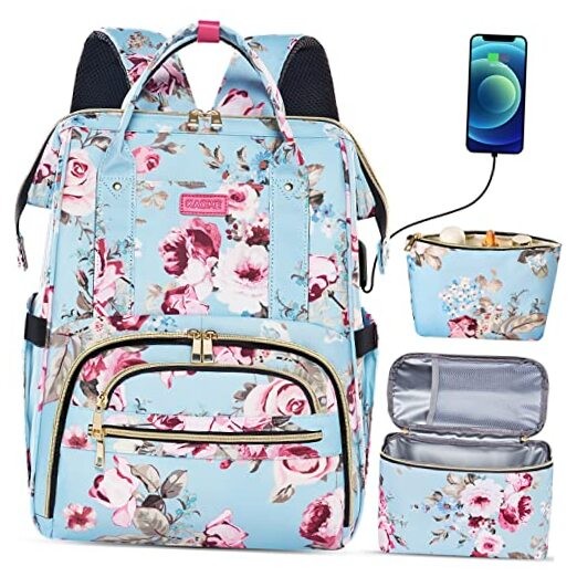 Lunch Backpack 15.6 Inch Laptop Backpack for Women with USB Port Blue Pink