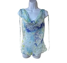 Cache Silk Chiffon Floral Camisole Top Blue Green Sheer Y2K Fairycore Large