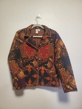 Coldwater Creek Quilt Jacket Womens Size L Paisley Floral 100% Silk Shell 