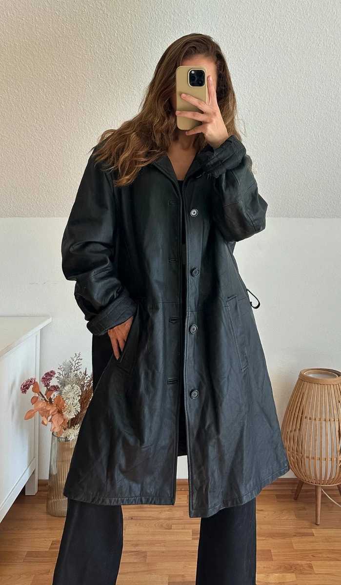 Vintage 90s Black Real Leather Trench Coat Oversize Matrix Bella Hadid Y2K XL