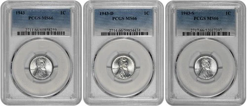 1943 P D S 1c Lincoln Steel Wheat Cent PCGS Graded MS 66 Three Coin Lot
