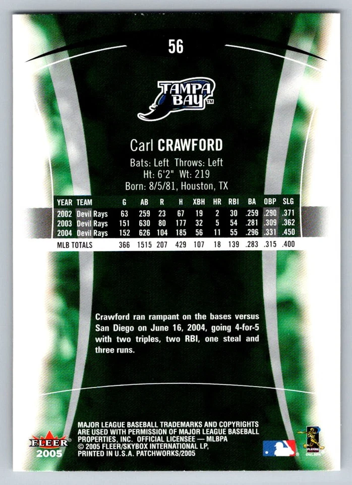 2005 Fleer Patchworks #56 Carl Crawford Tampa Bay Devil Rays - Image 2 of 2