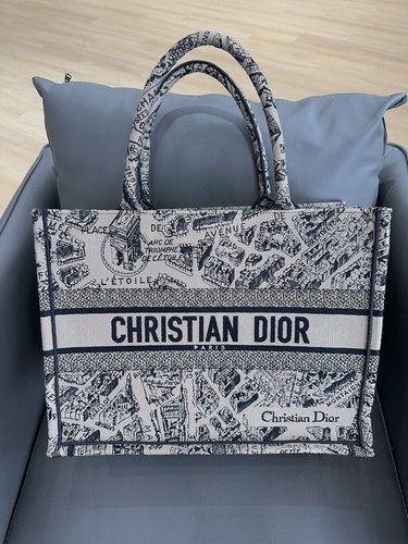 Dior Medium Book Tote Beige & Navy Embroidered Canvas Daily Tote Duty Paid