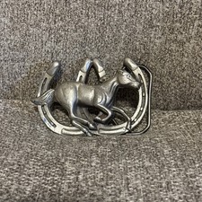 Vintage Horse Belt Buckle Double Horseshoes Cowboy Western Pewter 1992