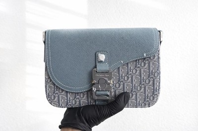 Christian Dior Small Monogram Shoulder Bag Blue/Gray Flap Buckle w/ Dust Bag
