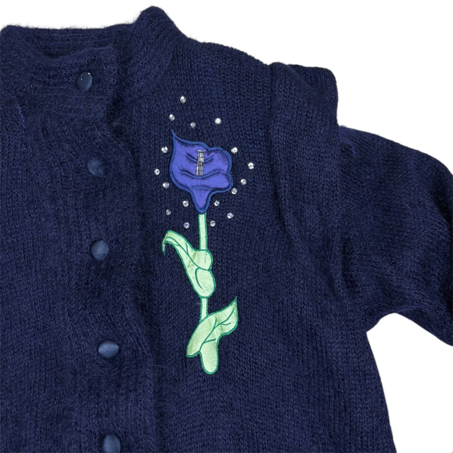 Vintage 80's Mohair Cardigan L Blue Fluffy Oversized Lined Embellished Flower image 2