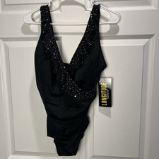 NWT Longitude Swimsuit Womens Size 14 Black Rhinestones Built In Bra One Piece