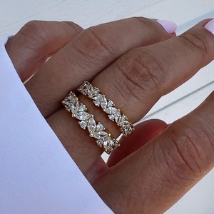 Authentic Marquise & Round Lab Grown Diamond Wedding Band Stackable Ring 925 Silver