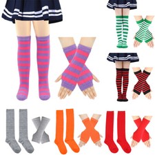 Striped Knee Thigh High Socks Arm Warmer Fingerless Long Gloves Stockings Set