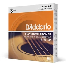 3 Set D'Addario EJ15 Acoustic Guitar Strings Extra Light Phosphor Bronze EJ15-3D