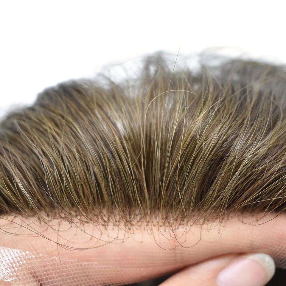 Frente de renda francesa masculina toupee peça de cabelo pele poli sistema de cabelo substituição 8"X10" - Imagem 2 de 4