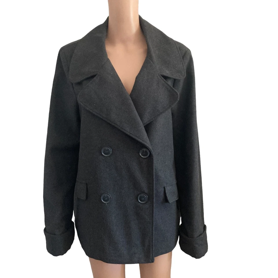 Abrigo Larry Levine Mujer Grande 4 Botones Doble Pecho Negro Foto 3 de 4