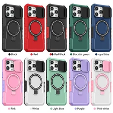 For iPhone 16 15 Pro Max 14 13 Magnetic Mag Safe Case Ring Stand Slide Cam Cover