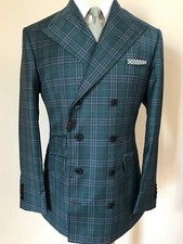 Green plaid 8 button Ariston double breasted wool suit with peak lapel