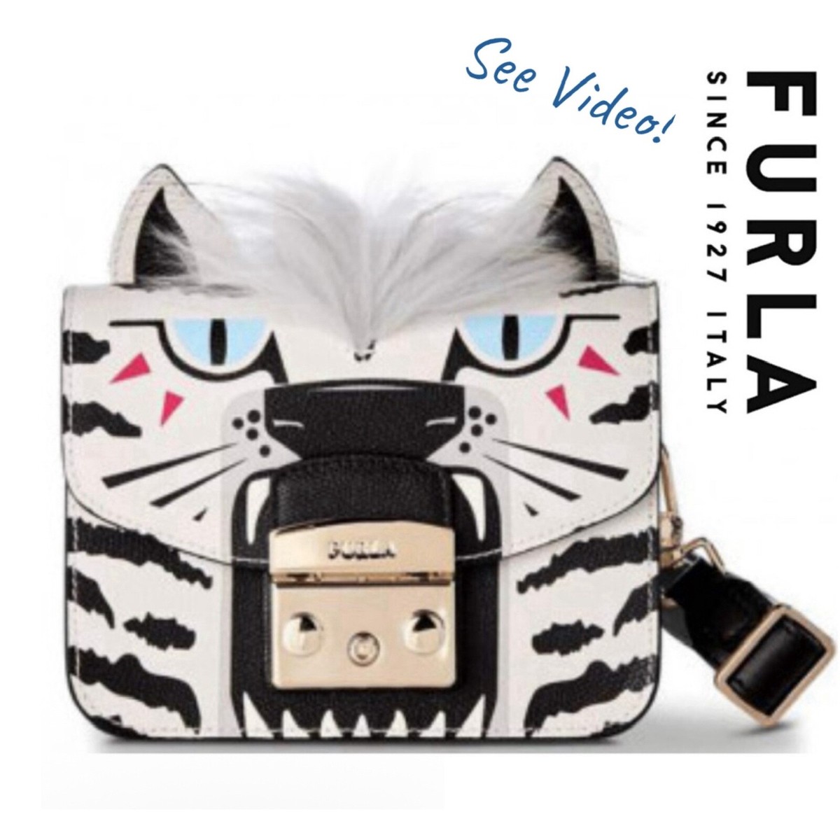 FURLA Limited Ed White Tiger Jungle Cat Crossbody Leather Handbag