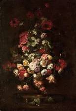 oil painting handpainted on canvas "Elaborate Floral Bouquet in Footed Vase "
