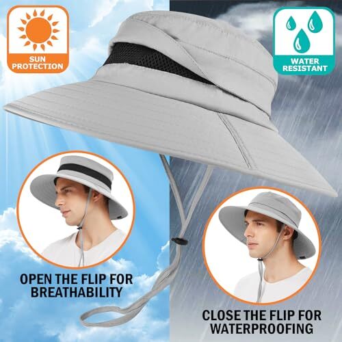 Men's Sun Hat, Rain Waterproof UV Protection Wide Brim One Size Light Grey image 2