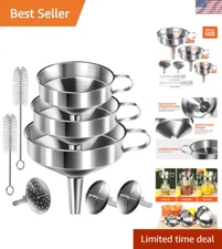 304 Stainless Steel Funnel Set: 3 Large Kitchen Funnels with Strainers & Brushes