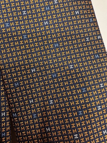 New w/ box HERMÈS Marine / Orange / Ciel 100% Silk Arcade H tie - Picture 9 of 11