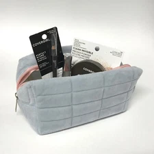 Blue Pastel Square Quilted Plush Makeup COSMETIC TRAVEL BAG Toiletry Pencil Case